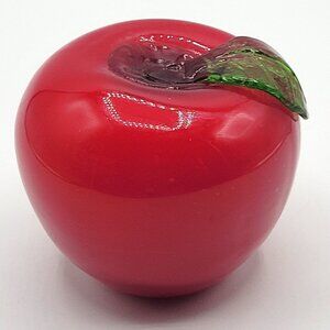 Art Glass Red Apple Green Stem Handblown Paper Weight Sun Catcher Collectible